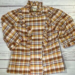 Vtg Ms. Paquette California Western Brown Plaid Prairie Ruffle Blouse Halloween